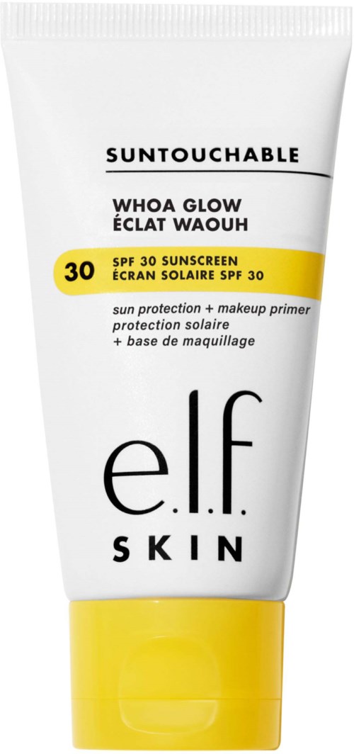 Solkrämstub med SPF 30, gul kork, svart och vit etikett, främjar solskydd och makeupprimer.