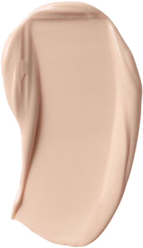 En beige flytande foundation prov på en vit bakgrund med krämig konsistens.