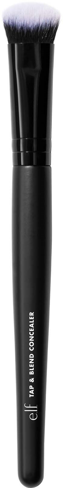 A black makeup brush with white and black bristles, labeled 'elf blending & buffing brush'.