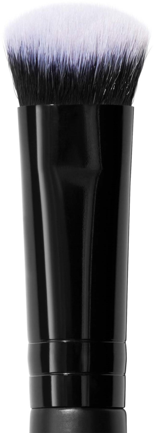 A black makeup brush with white and black bristles, used for applying cosmetics on the face.