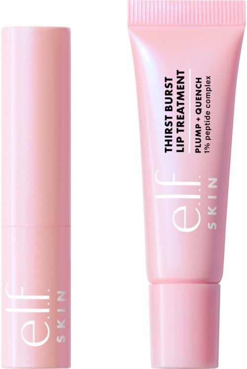 Lys rosa tube med e.l.f. Skin Thurst Busta leppebehandling, svart tekst og matchende rosa kork.