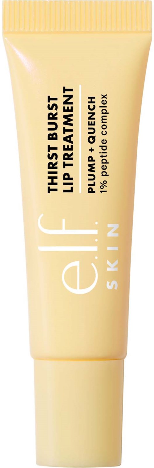 A yellow tube of e.l.f. Skincare lip product with ingredients like caffeine and vitamins, labeled as lip treatment.