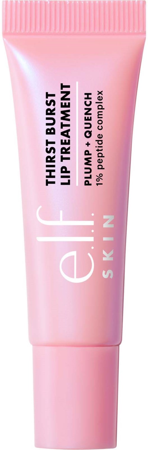 A pink tube of lip treatment with black and white text, emphasizing hydration and skin benefits.