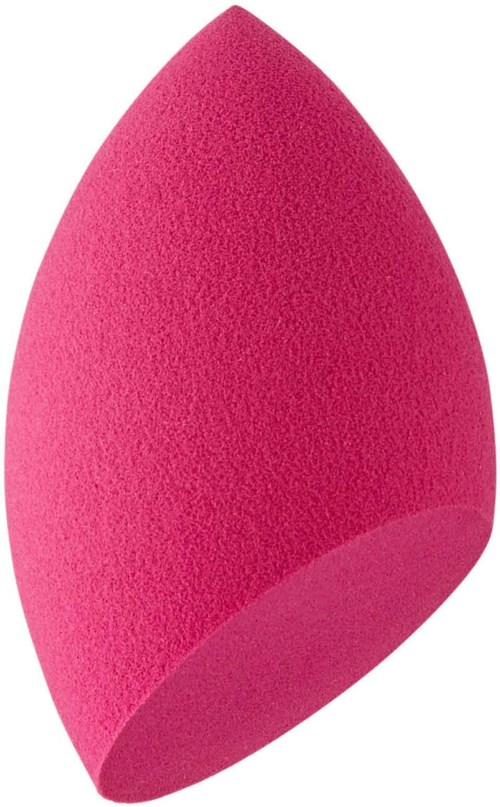 A pink, cone-shaped makeup sponge made of soft foam for applying cosmetics.