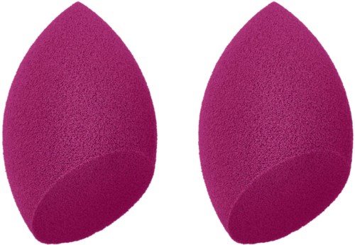 Two pink makeup sponges are shown, rounded and tapered at the top.