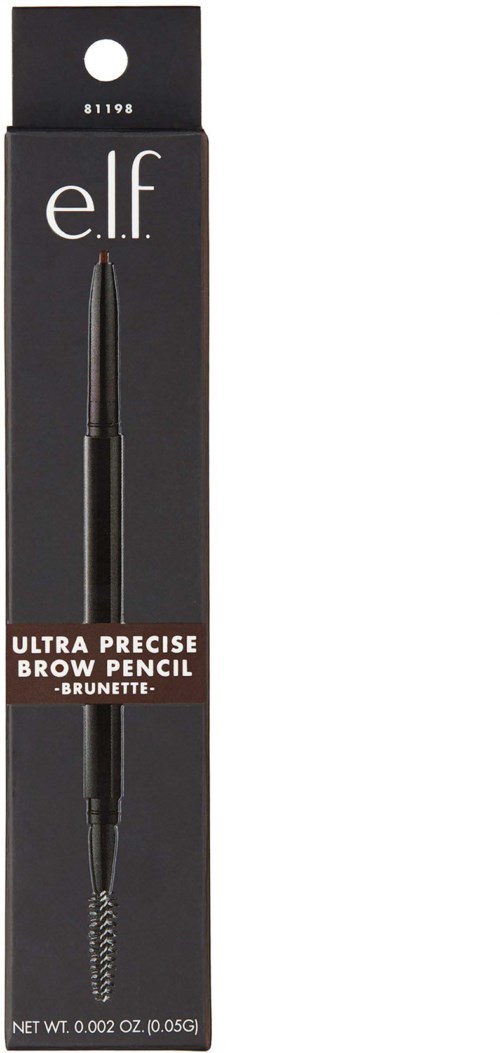 Musta kulmageppi, jossa on spoolie-harja päässä, pakkauksessa lukee 'e.l.f. Ultra Precise Brow Pencil - Brunette.'