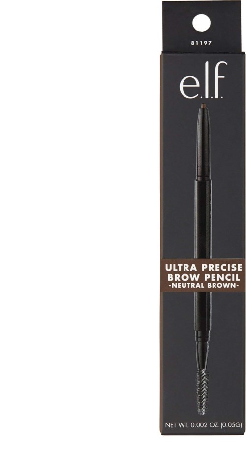 Musta kulmakynä tyylikkäässä pakkauksessa, merkintä 'Ultra Precise Brow Pencil' neutraalilla ruskealla.
