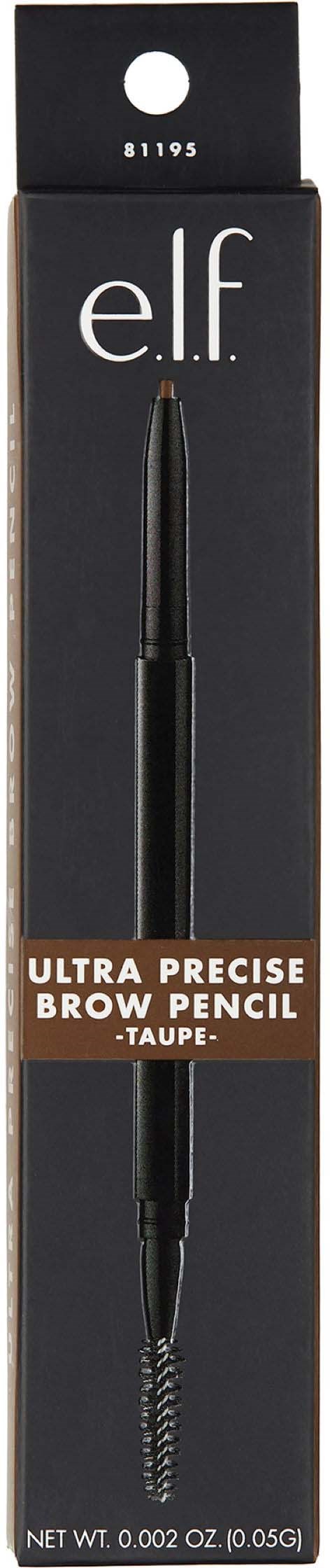 Mustan paketin kanssa kynä ja merkki e.l.f. päällä. Se lukee Ultra Precise Brow Pencil, Taupe väri.