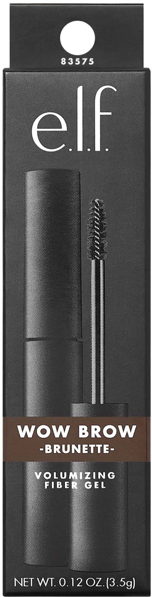 A black box with elf branding, showing a brow gel with a wand applicator, called WOW BROW Brunette, for eyebrows.