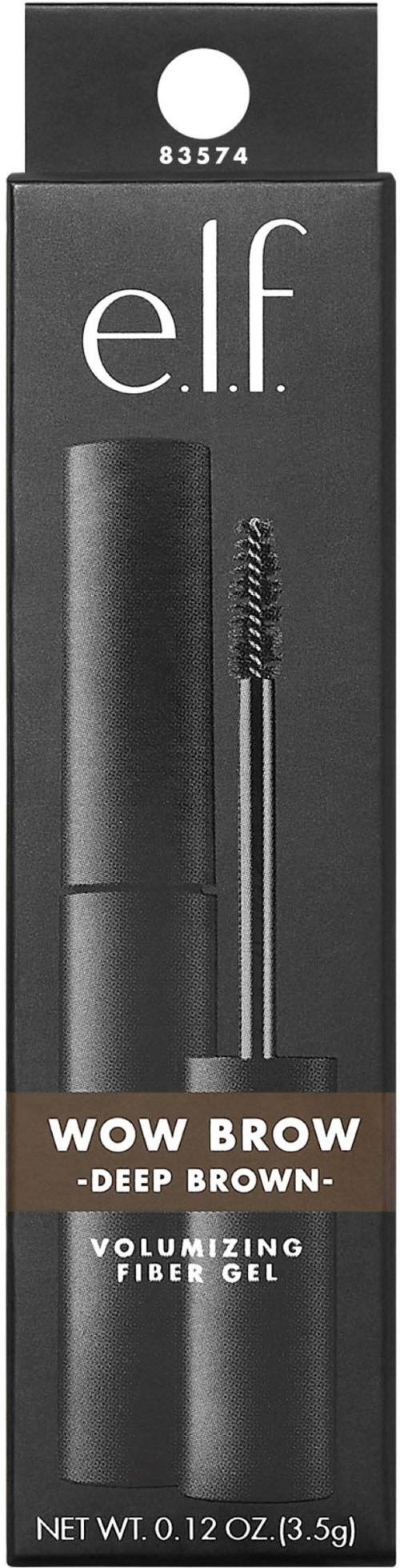 A black box with e.l.f. logo, showing brow gel and brush, labeled 'WOW BROW - DEEP BROWN', volumizing fiber gel.