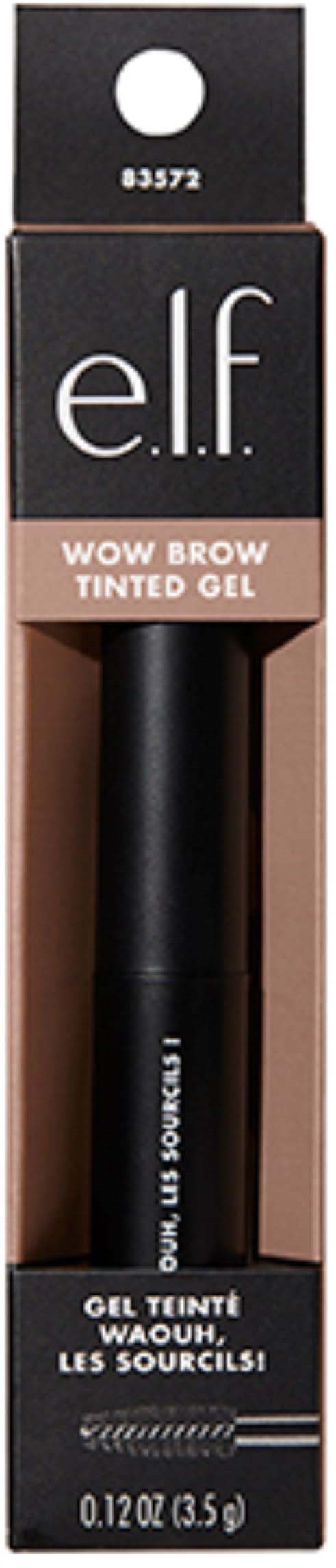 A black body with a hole at the top contains a brow tinting gel for eyebrows, labeled 'e.l.f WOW BROW TINTED GEL'.