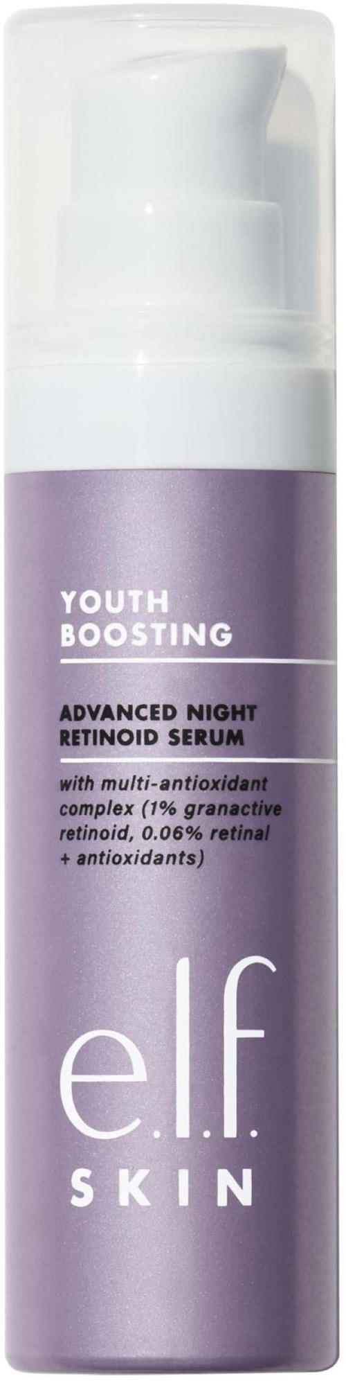 En lila flaska med e.l.f. Skin Youth Boosting Night Serum med vit pump och etikett.