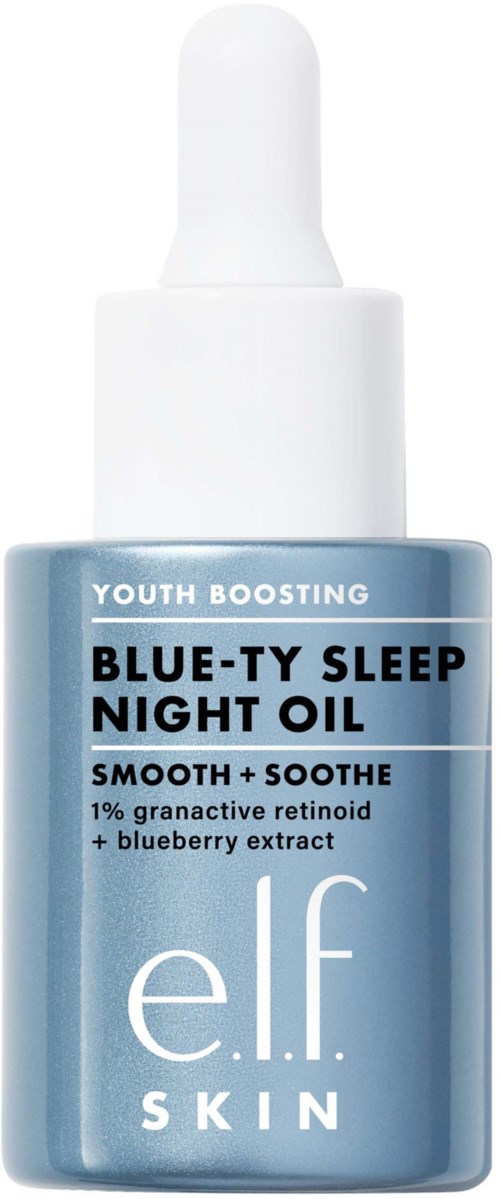 En blågrå flaska med vit droppkork, märkt "Blue-Ty Sleep Night Oil" för lugnande sömn.