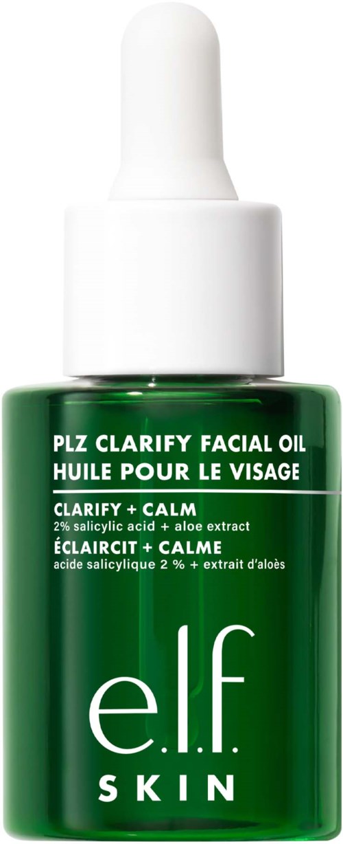 Grön flaska med vit pipettlock, märkt 'Clarify Facial Oil' med lugnande ingredienser.