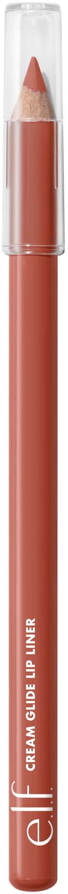 A lip liner pencil with a clear cap, pink color, and 'elf' written on it.