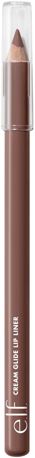 A brown lip liner pencil, with a clear cap, labeled 'elf' and 'groom bullet lip liner.'