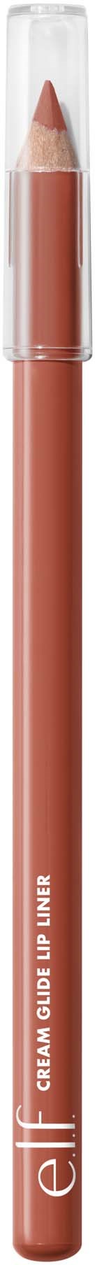 A brown lip liner pencil with a clear cap, labeled 'elf' and 'scam quad lip liner' on it.