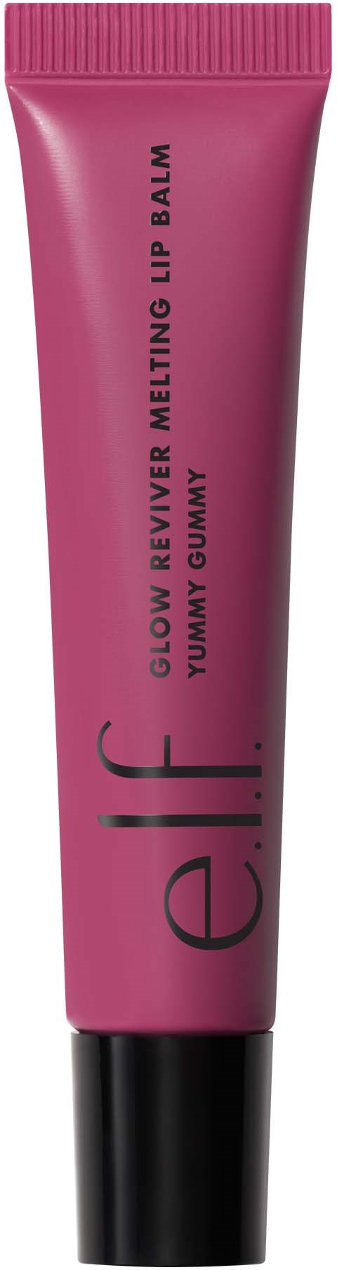 Pinkki puteli, jossa lukee 'e.l.f. Glow Reviver Melting Lip Balm Yummy Gummy' ja musta korkki.