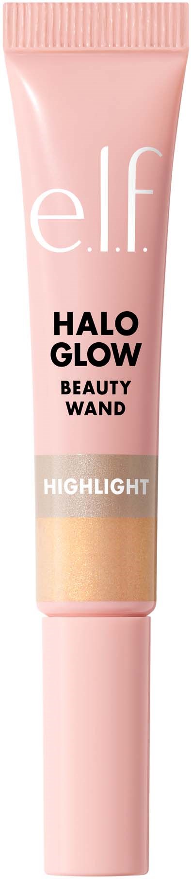 Ruusukultainen putkilö e.l.f. Halo Glow Beauty Wand Highlighter kasvoille. Ketju ja korkki, suunniteltu meikkiin.