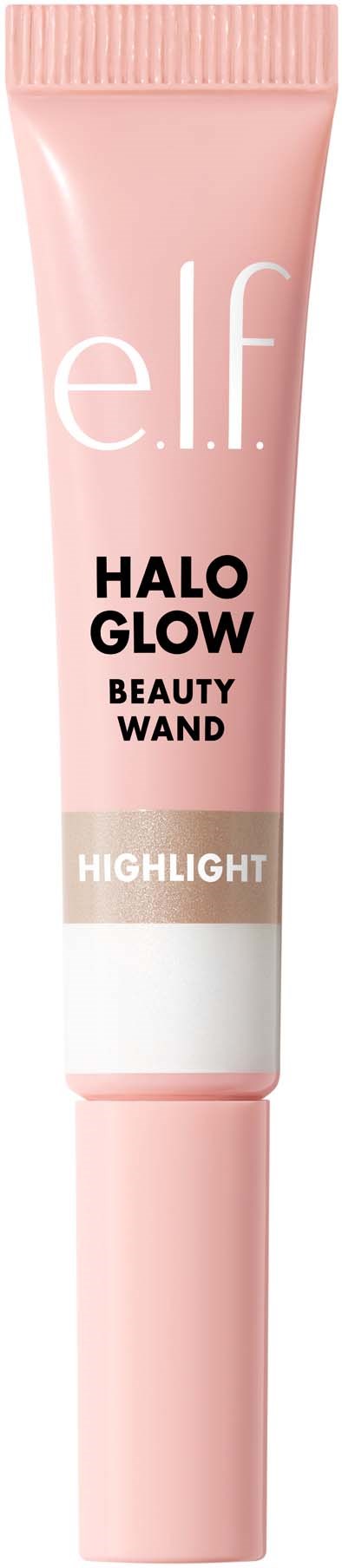 Pehmeä pinkki putkilö, jonka etupuolella lukee 'elf Halo Glow', 'Beauty Wand' ja 'Highlight'. Se on korostustuote.
