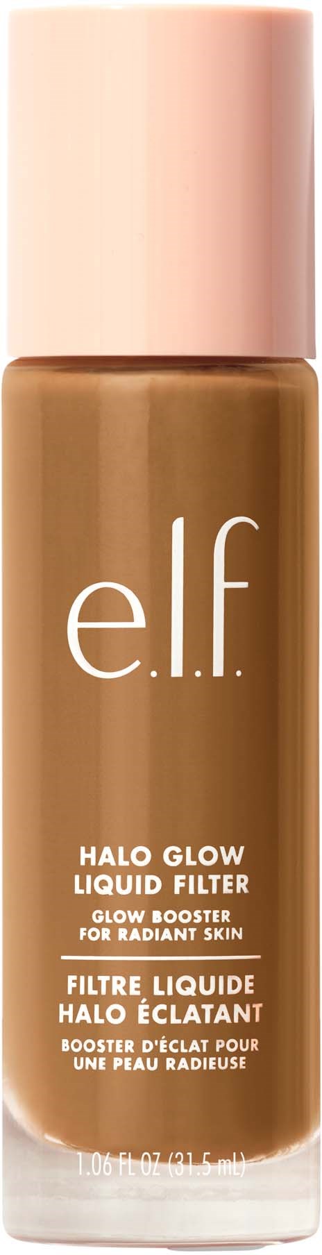 E.l.f. Halo Glow Liquid Filter -pullo, hehkituotte, jossa vaaleanpunainen korkki ja ruskea neste.