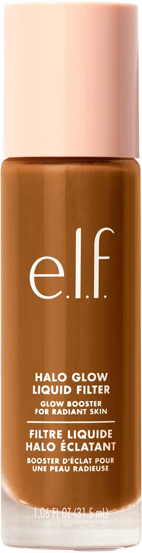 e.l.f. Halo Glow Liquid Filter -pulloa, vaaleanpunaisella korkilla, tarkoitettu hehkuvalle iholle, merkitty hehkua lisääväksi.