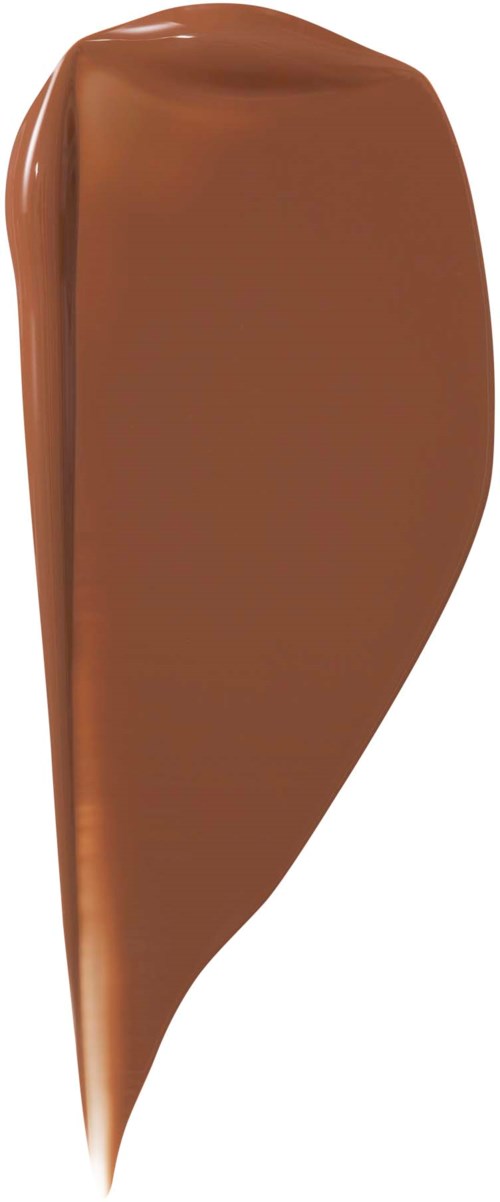 A thick, curved blob of smooth, brown chocolate. It has a shiny surface and a teardrop shape.