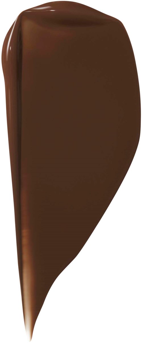 A blob of melted chocolate with a shiny surface and a teardrop shape.