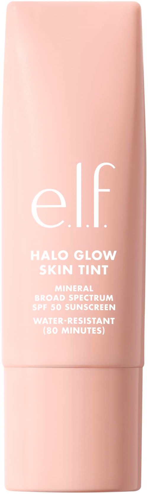 Pink bottle of ELF Halo Glow Skin Tint with sunscreen, water-resistant, offers light coverage for 180 minutes.