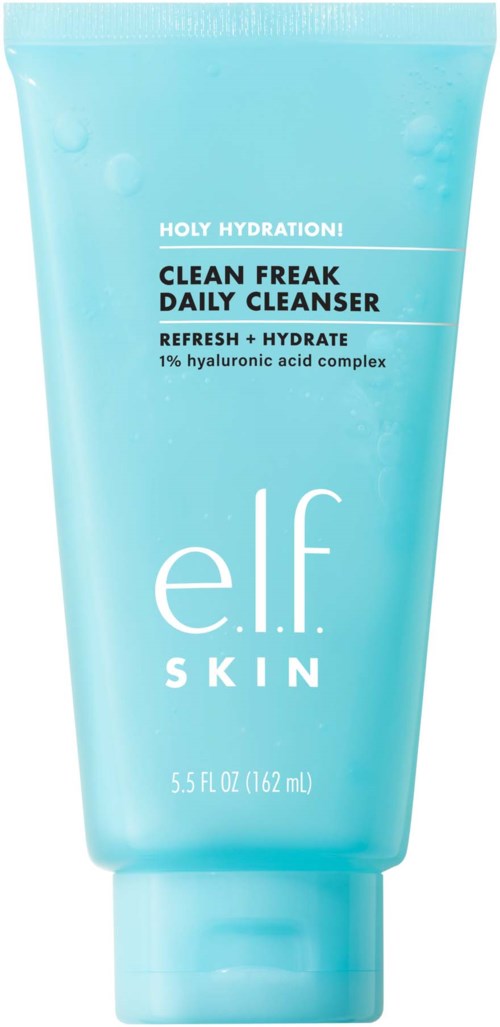A blue tube of e.l.f. SKIN CLEAN FREAK Daily Cleanser with hydration and hyaluronic acid.