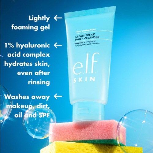 E.L.F. skincare tube with text explaining its benefits and features, accompanied by a sponge and soap bubbles.