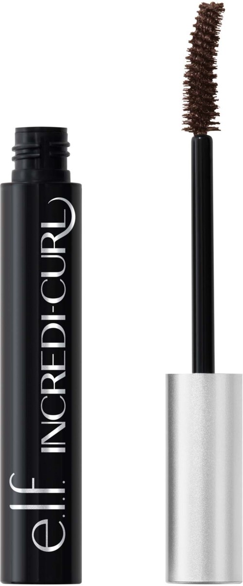 Svart mascara-rör märkt 'e.l.f. INCREDI-CURL' med borste som visar böjd brun mascara.