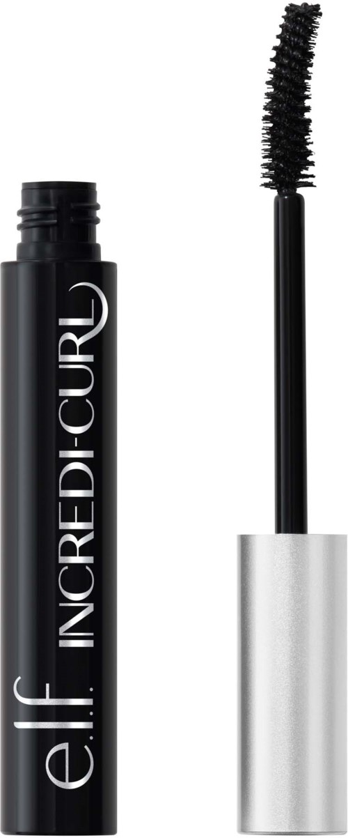 En svart tub med e.l.f. Incredible Curl mascara och ett silverlock, med borsten separat.