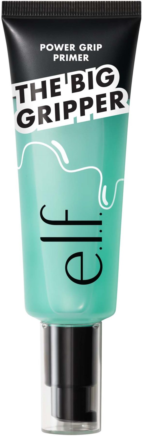 A tube of e.l.f. primer called 'The Big Gripper', featuring black, white, and teal colors and a black cap.