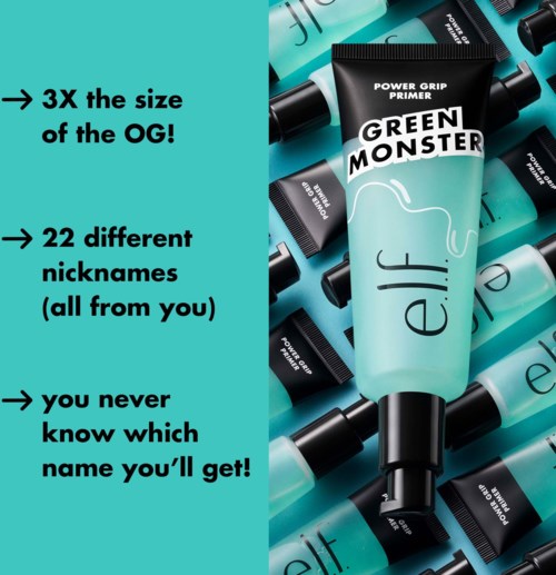 A cosmetic product named 'e.l.f. Green Monster' with bold facts about size and nicknames, surrounded by similar items.