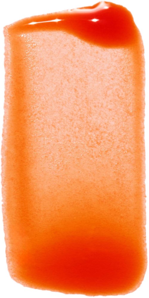 Neliskuutioinen sieni, oranssi väri ja päällä punainen neste. Tausta on musta.