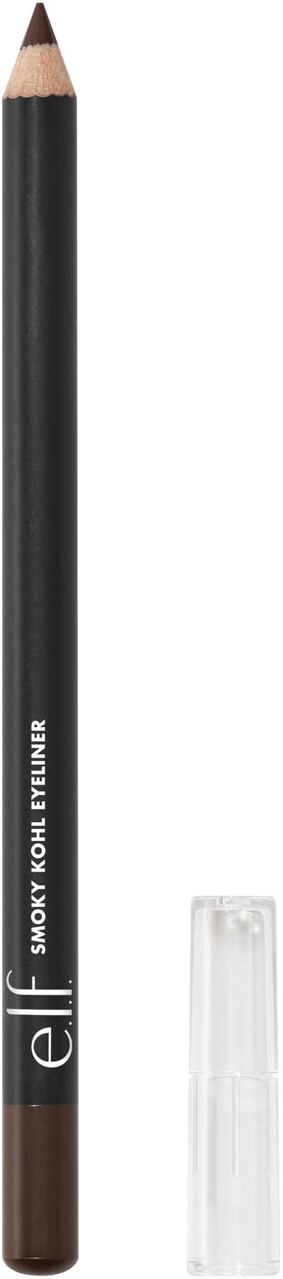 Ruskea kynä mustalla rungolla ja kirkkaalla suojuksella, merkattu 'elf' ja 'Smoky Kohl Liner' sivulla.