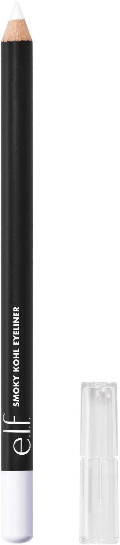 Mustan kulmakynän läpinäkyvällä päällä ja valkoisella pohjalla, merkitty 'elf Smokey Kohl Eyeliner.'