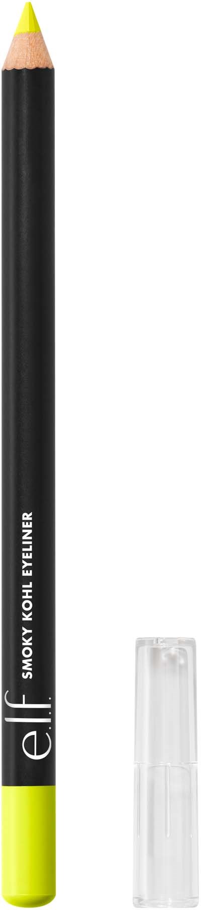 Keltaisenglannin värinen kynä, musta runko ja pyyhekupin, merkintä 'elf' ja 'smoky top eyeliner'.