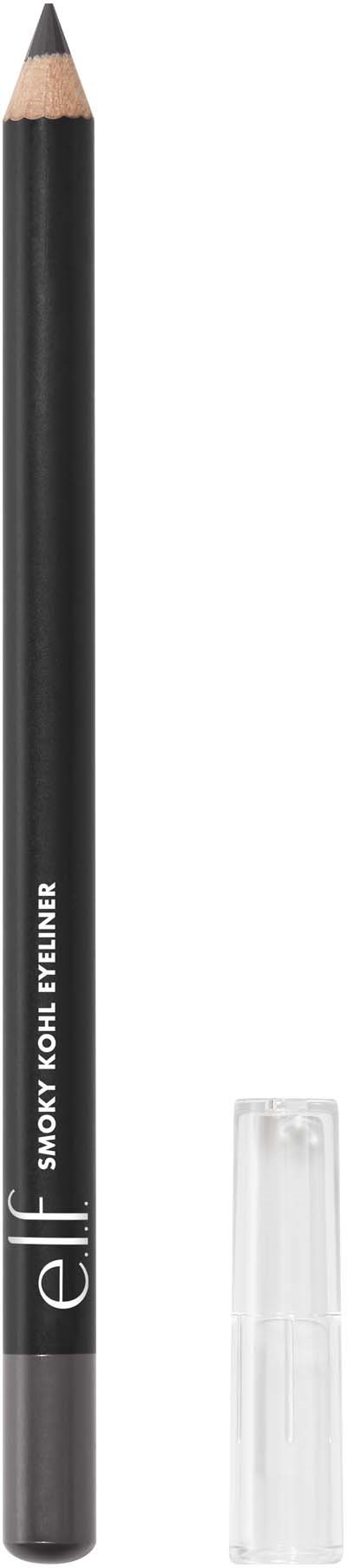 Mustan silmänrajaustussin kynä, jossa läpinäkyvä kantovesi, merkinnällä 'elf smoky Kohl EYE LINER'.