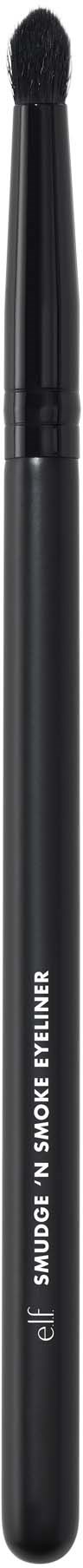 A black makeup brush with a rounded top and brand name written on the handle.