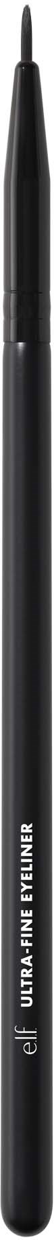 A black eyeshadow brush with a thin, pointed tip and brand name written on the handle.