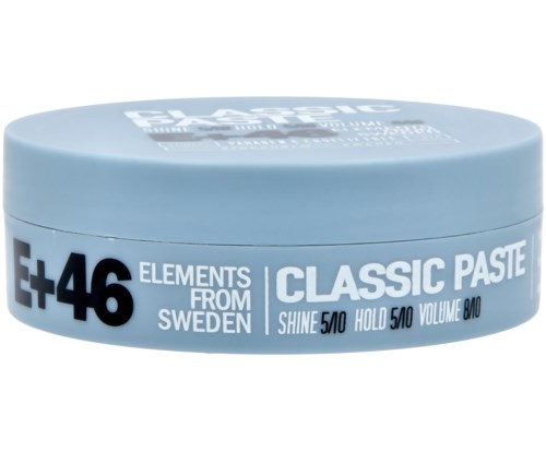 Ein runder, hellblauer Behälter mit schwarzen und weißen Text, enthält Stylingpaste aus Schweden.