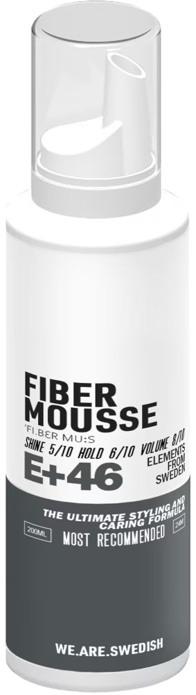 Eine weiße Flasche mit 'FIBER MOUSSE' beschriftet, enthält Styling-Schaum.