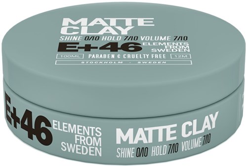 Ein runder Behälter mit Matte Clay Haargel aus Schweden mit schwarzem und weißem Etikett, Details zu Glanz, Halt, Volumen.