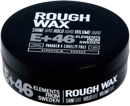 Ein schwarzer runder Behälter mit weißen Text, bewirbt ein Haargelprodukt namens "Rough Wax" aus Schweden.