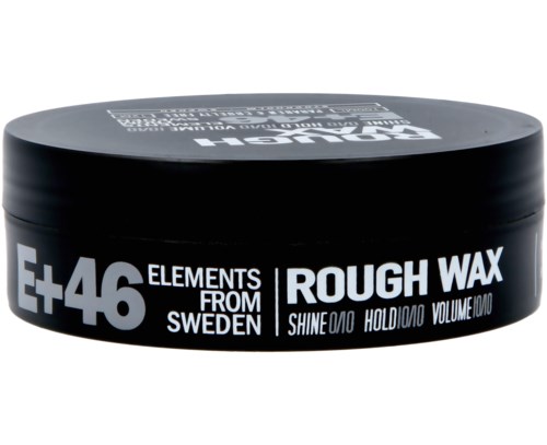 Ein schwarzer Behälter mit Haargel gekennzeichnet 'E+46 Elements from Sweden' mit Hinweisen auf Glanz, Halt und Volumen.