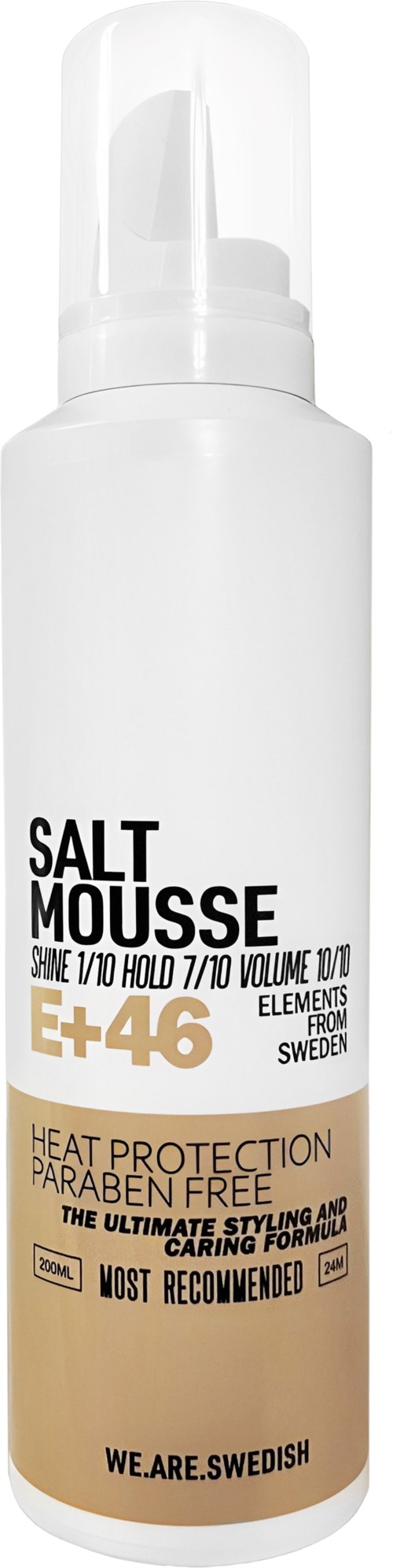 Eine weiße Flasche mit Salzschaum Haarprodukt, schwarzer, goldener und/beige Etikett, Pumpenspender.