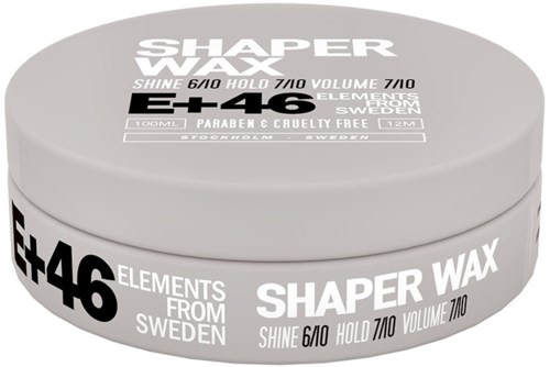 Ein runder Behälter in Weiß und Grau. Es hat Text über Shaper Wax mit Zahlen und Herkunft aus Schweden.