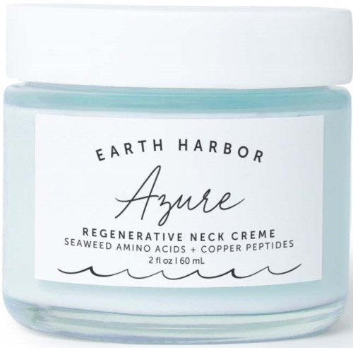 A jar of Earth Harbor Azure regenerative neck cream with seaweed amino acids and copper peptides.